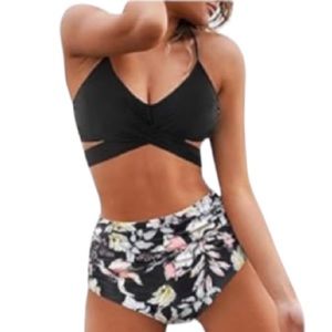 Black Floral High Waisted Black Push-up Wrap Top Bikini NWOT SIZE MEDIUM